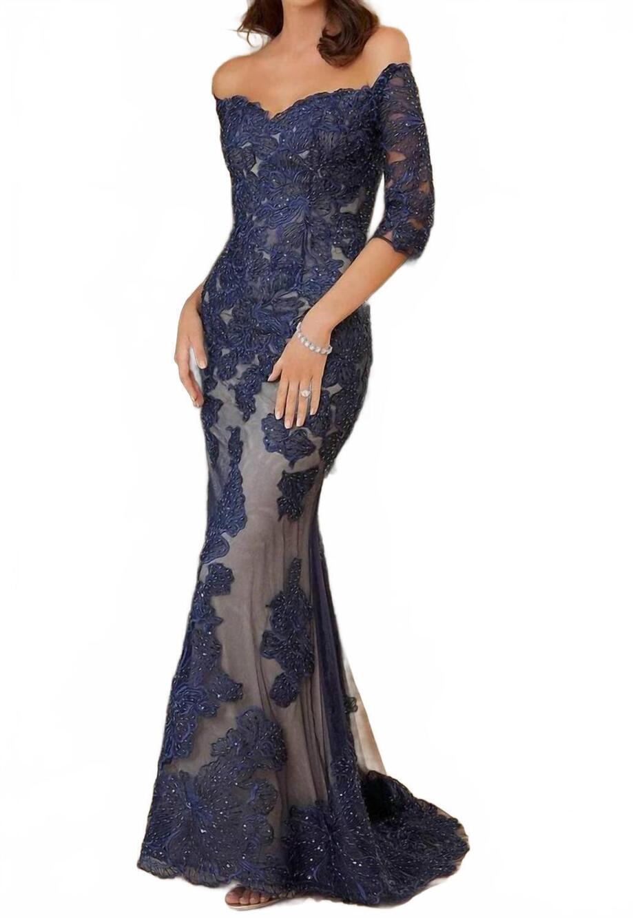 NEW MGNY luxe evening gown in navy/nude